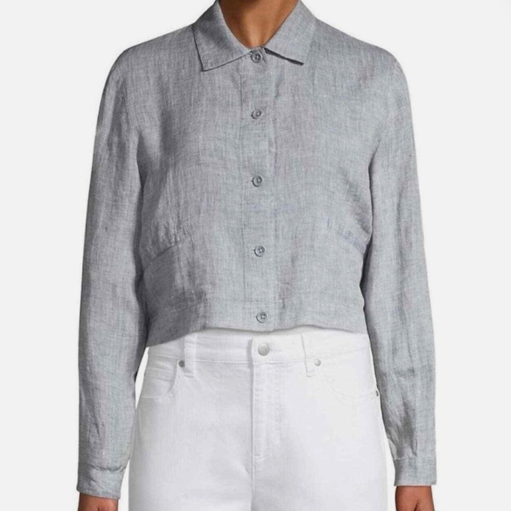 Eileen Fisher Chambray Organic Linen Cropped Jacket Women’s Size Medium